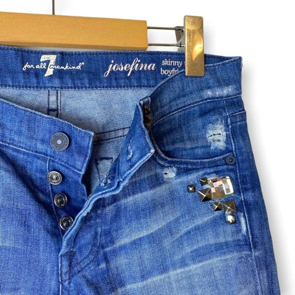 7 For All Mankind Josefina Skinny  Boyfriend Studded Distressed Blue Jeans 25 - Picture 5 of 14